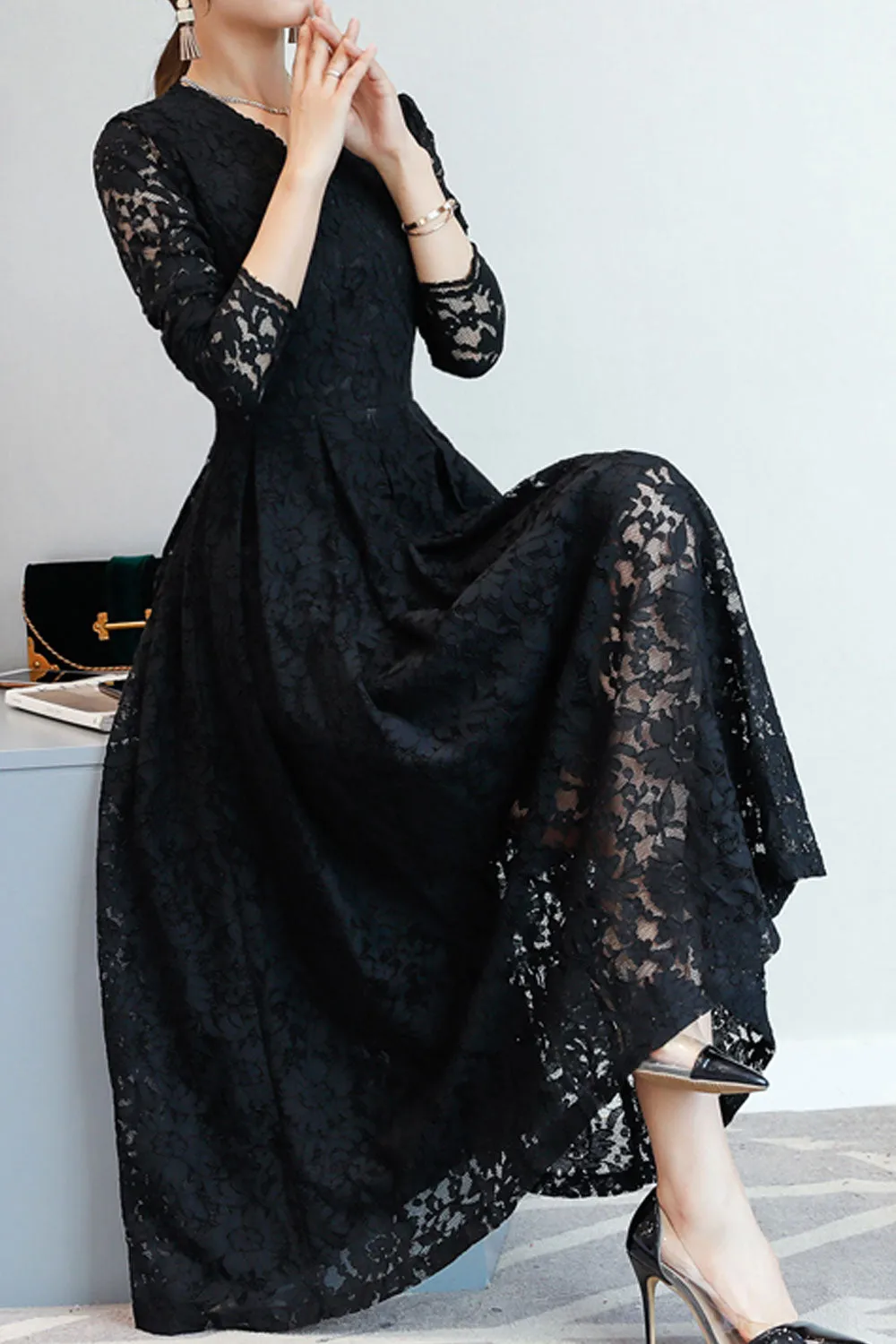 Women Lace Decorated Long Sleeve Dress - C2281JPD