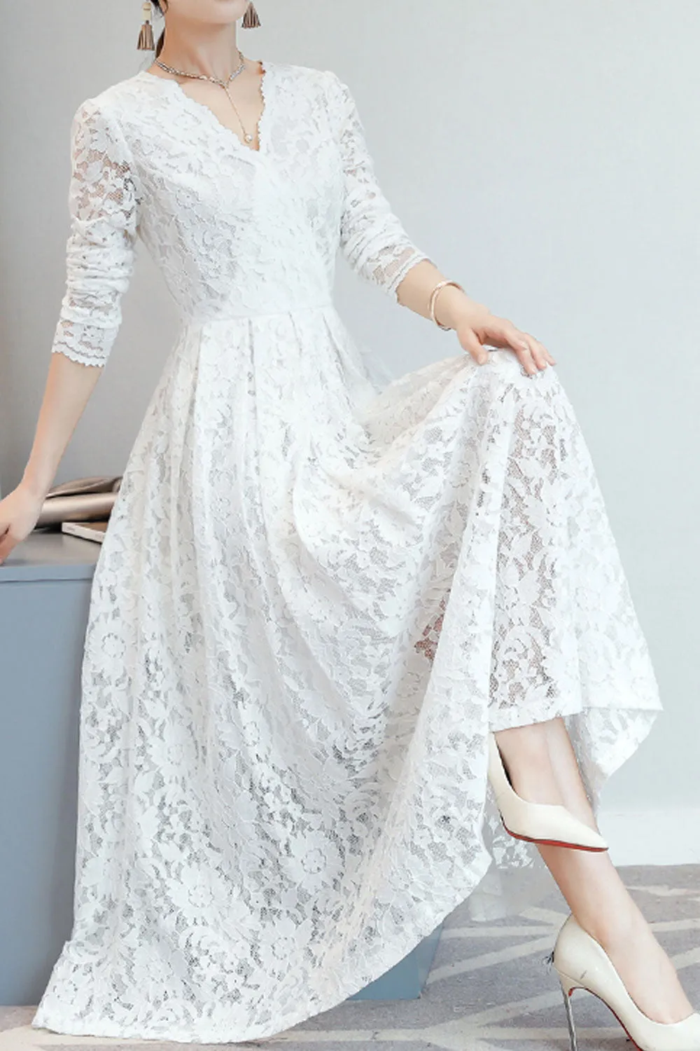 Women Lace Decorated Long Sleeve Dress - C2281JPD