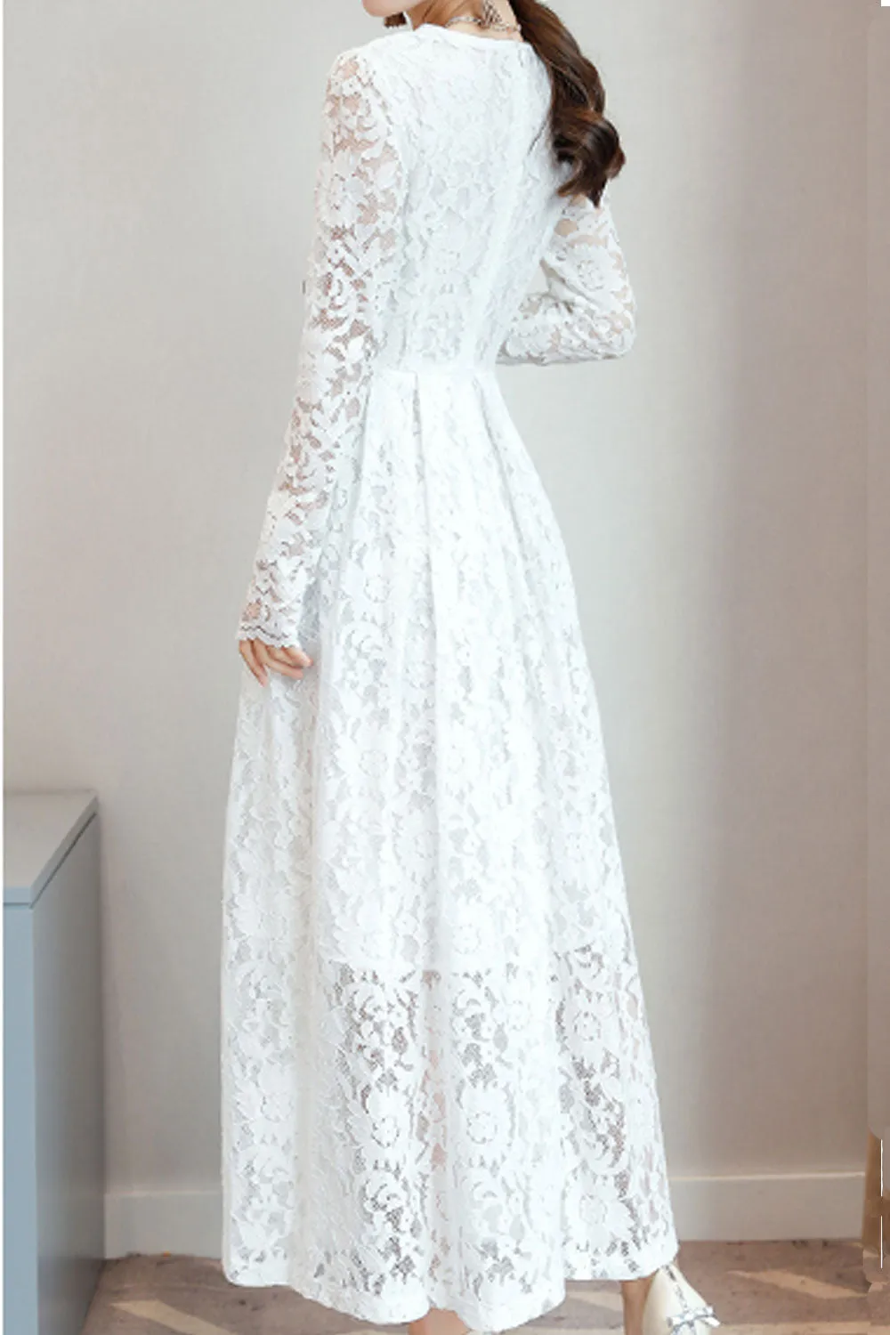 Women Lace Decorated Long Sleeve Dress - C2281JPD