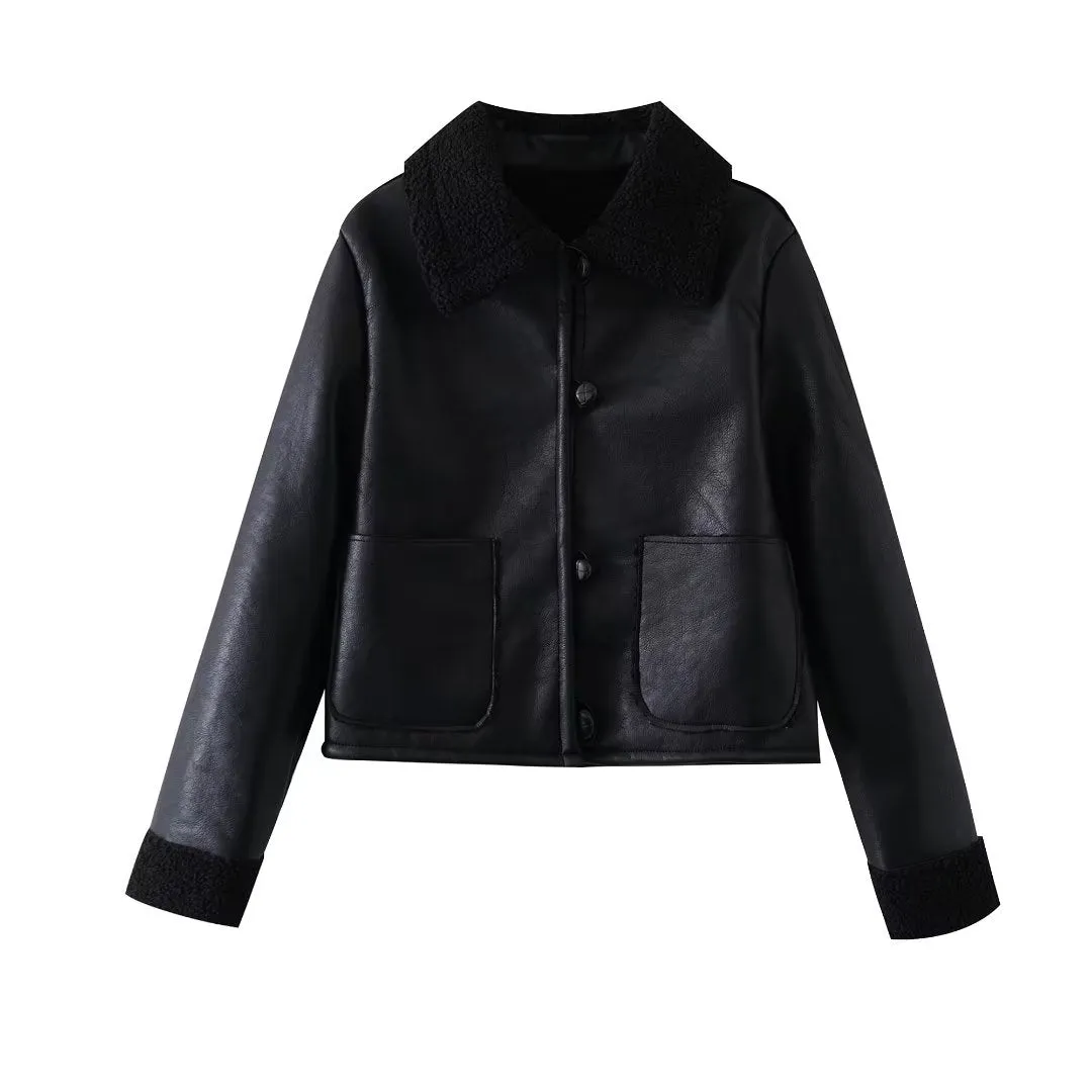 Women Leather Ring Loop Coat Black Short