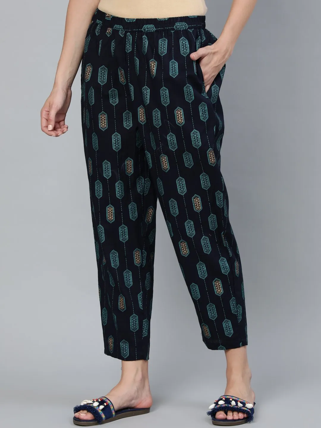 Women Navy Blue Printed Trouser