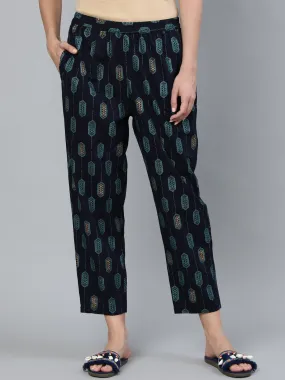 Women Navy Blue Printed Trouser