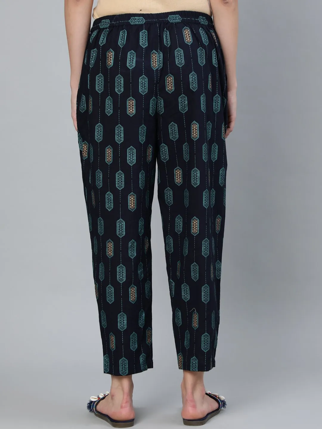 Women Navy Blue Printed Trouser