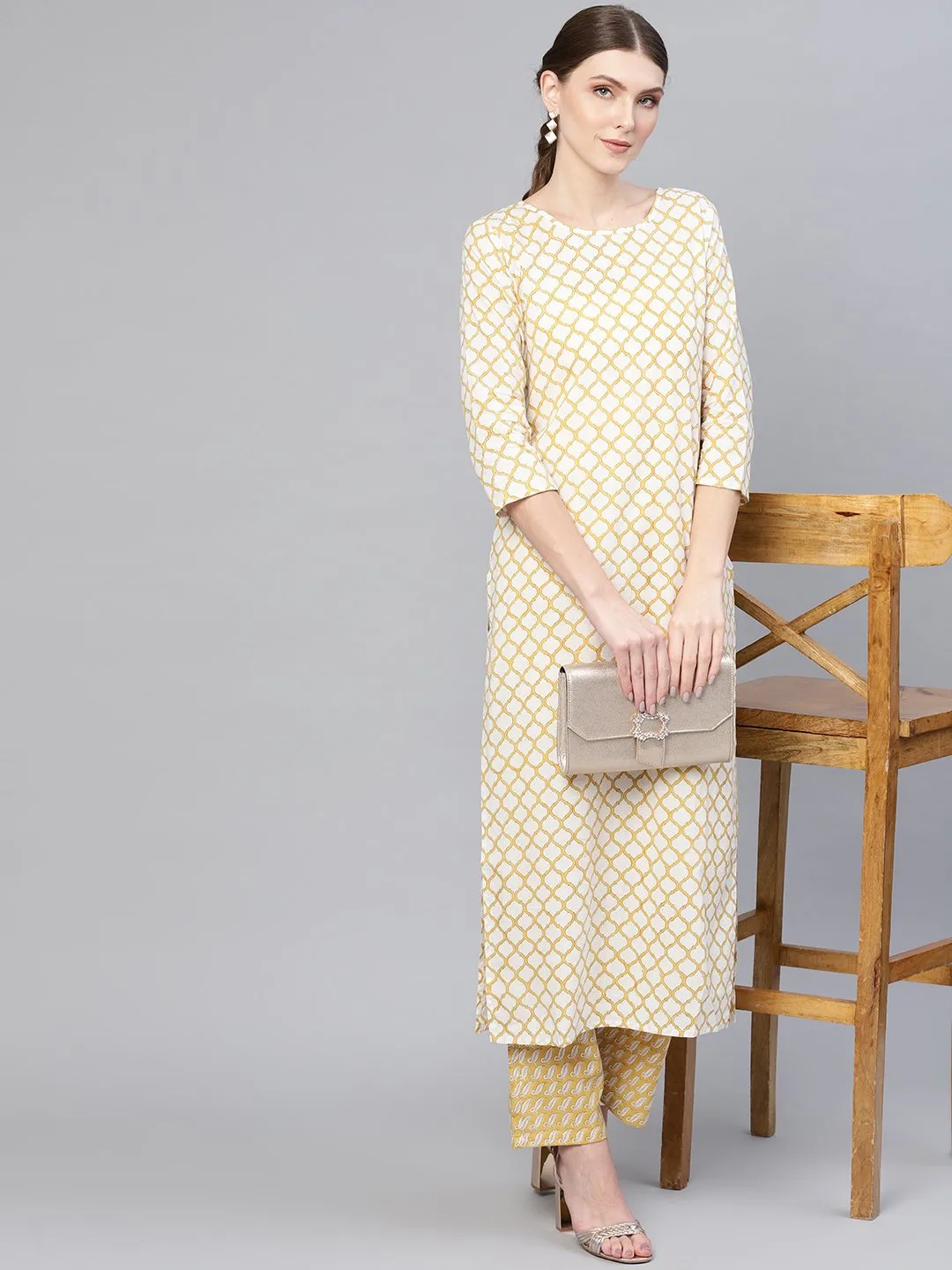 Women Off-White & Yellow Printed Kurta With Trousers