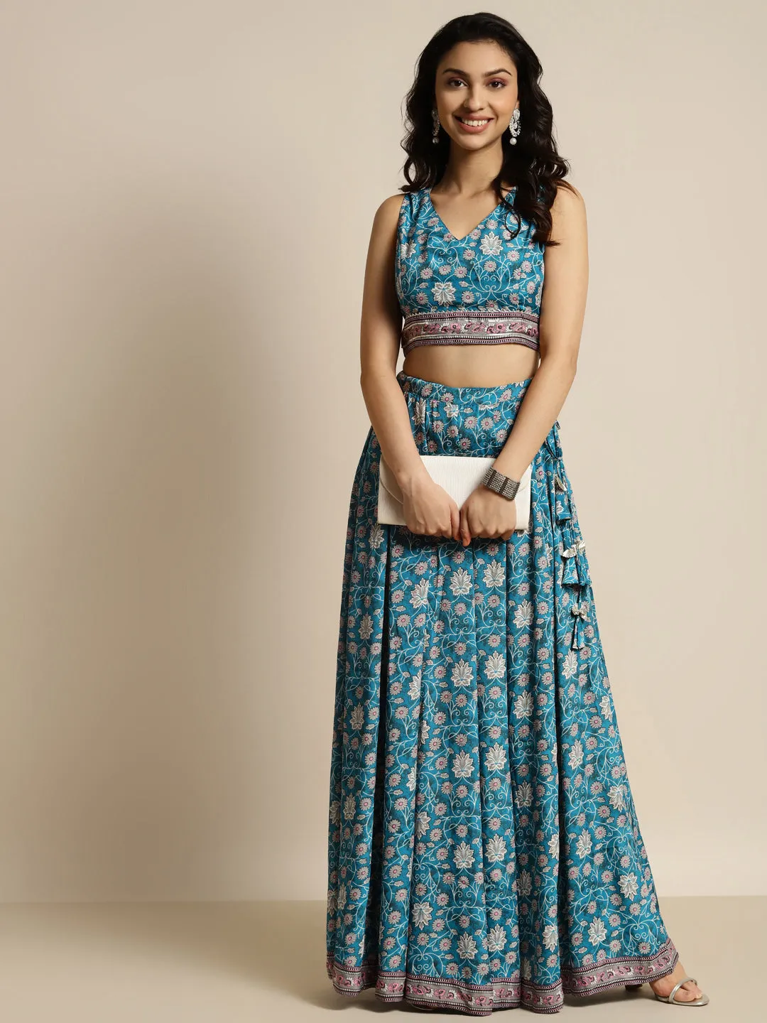 Women Teal Floral Aanrkali Skirt