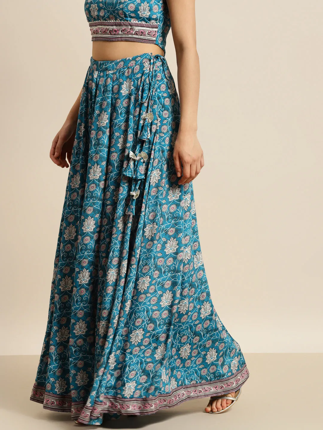 Women Teal Floral Aanrkali Skirt