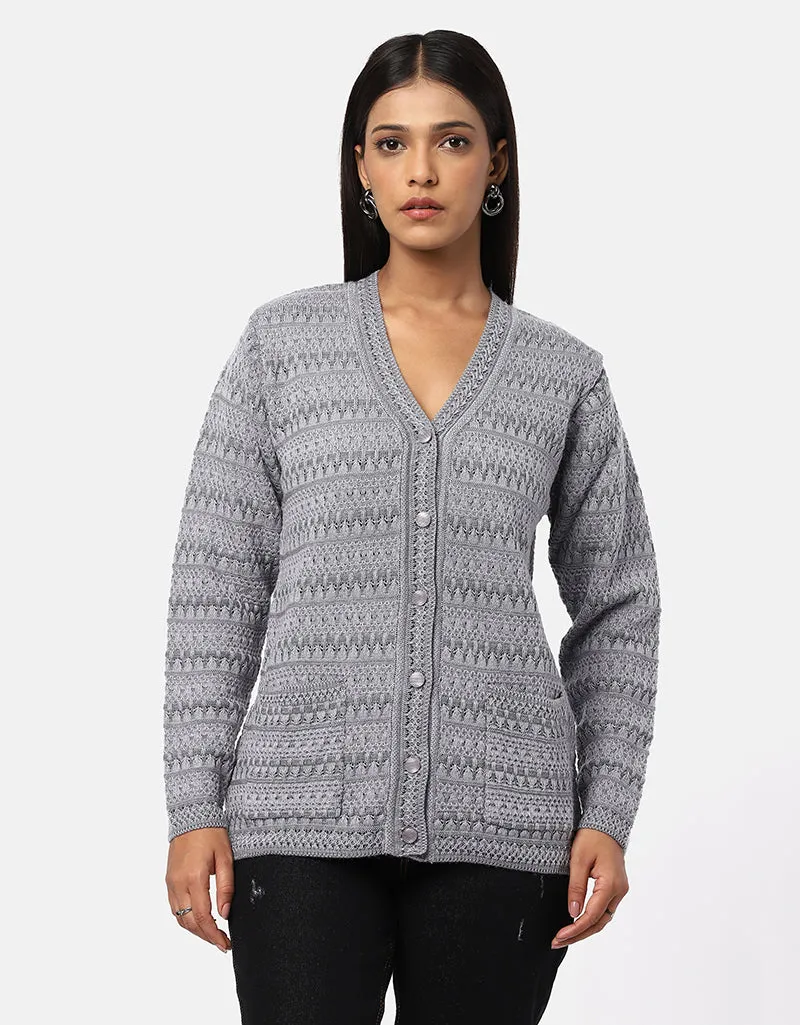 Women Woolen V-Neck Front Pocket Cardigan