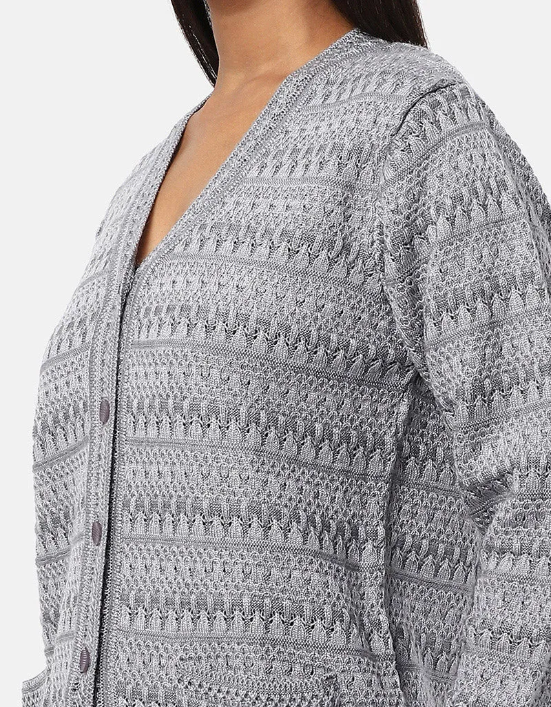 Women Woolen V-Neck Front Pocket Cardigan