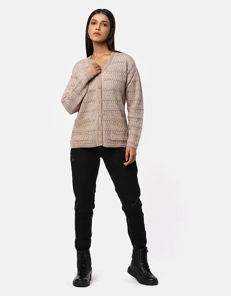 Women Woolen V-Neck Front Pocket Cardigan