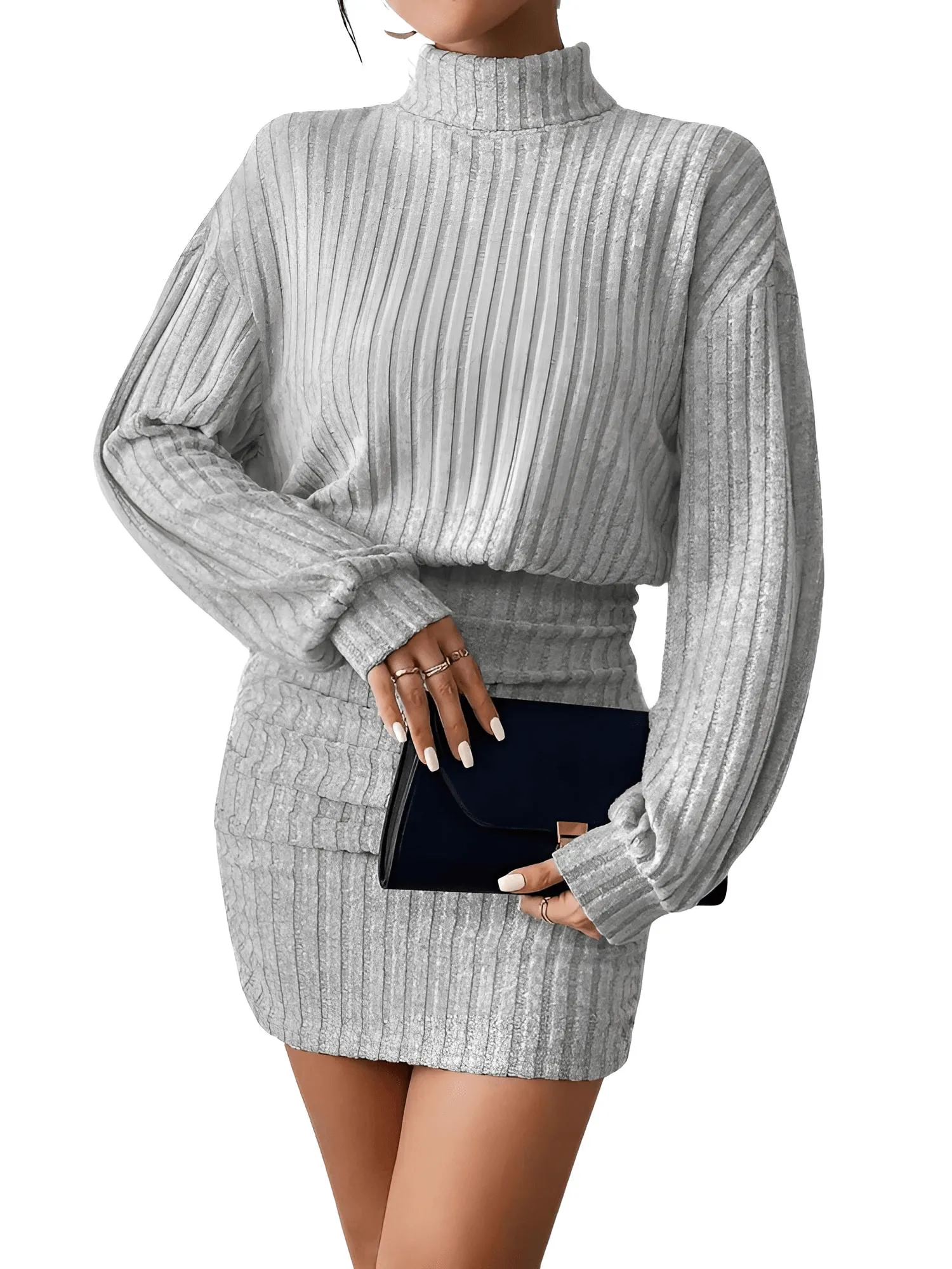 Women's Fashion High Neck Sweater Dress Female Casual Solid Loose Long Sleeve Warm Mid-Length Dresses