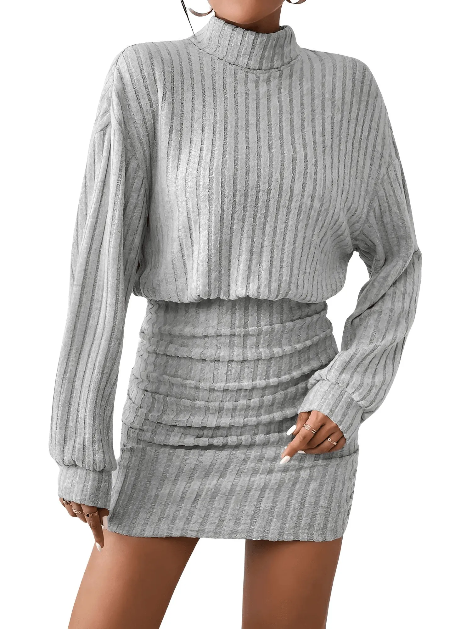 Women's Fashion High Neck Sweater Dress Female Casual Solid Loose Long Sleeve Warm Mid-Length Dresses