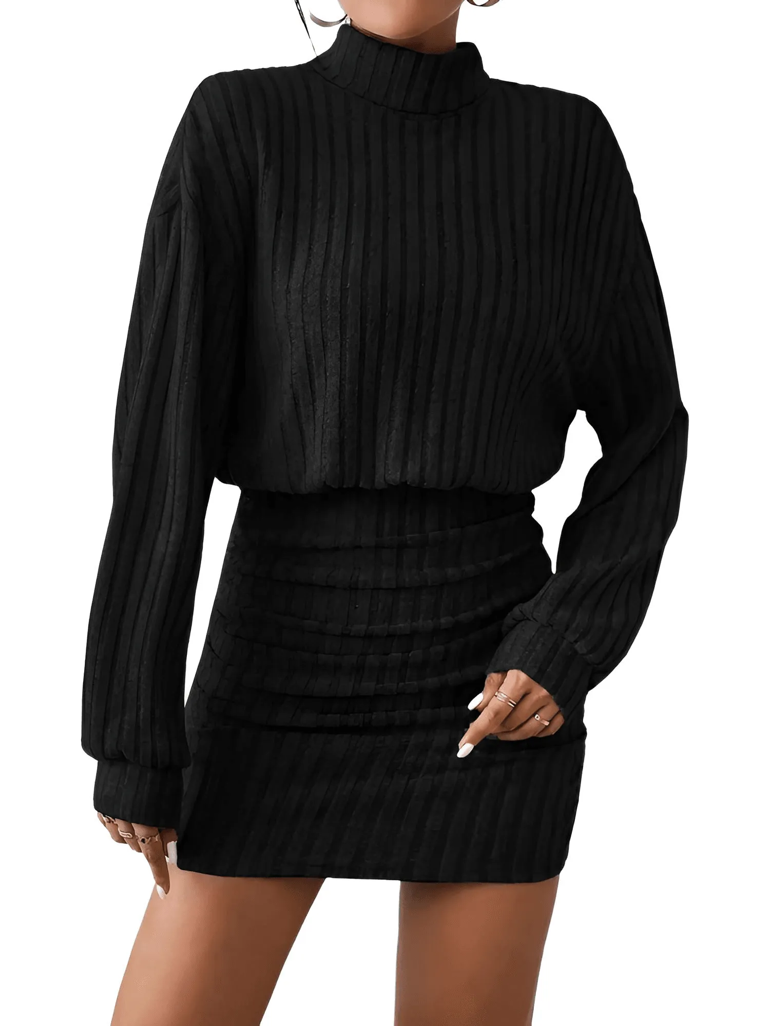 Women's Fashion High Neck Sweater Dress Female Casual Solid Loose Long Sleeve Warm Mid-Length Dresses