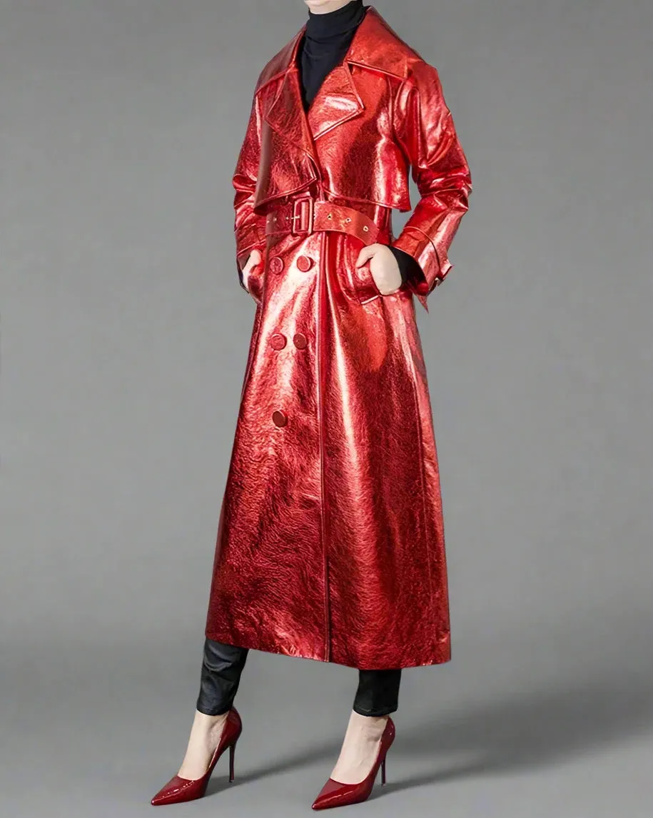 Women's Red Metallic Faux Leather Maxi Coat