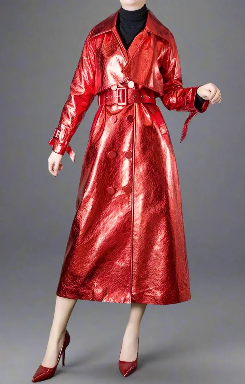 Women's Red Metallic Faux Leather Maxi Coat