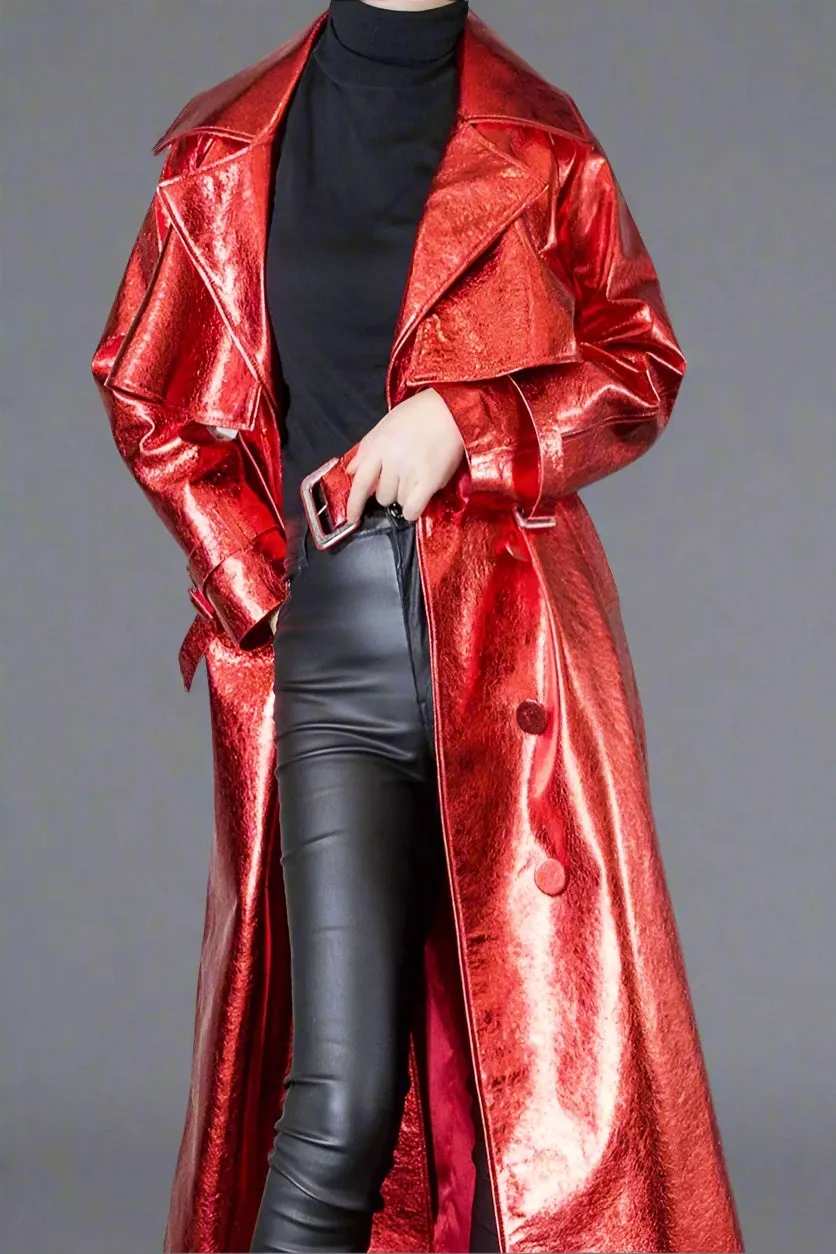 Women's Red Metallic Faux Leather Maxi Coat