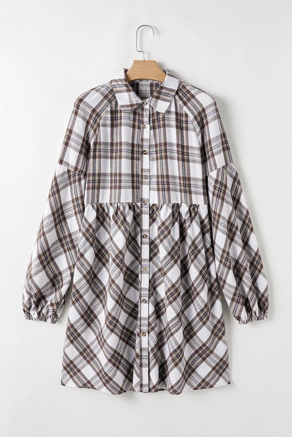 Womens White Plaid Bubble Sleeve Flowy Shirt Dress