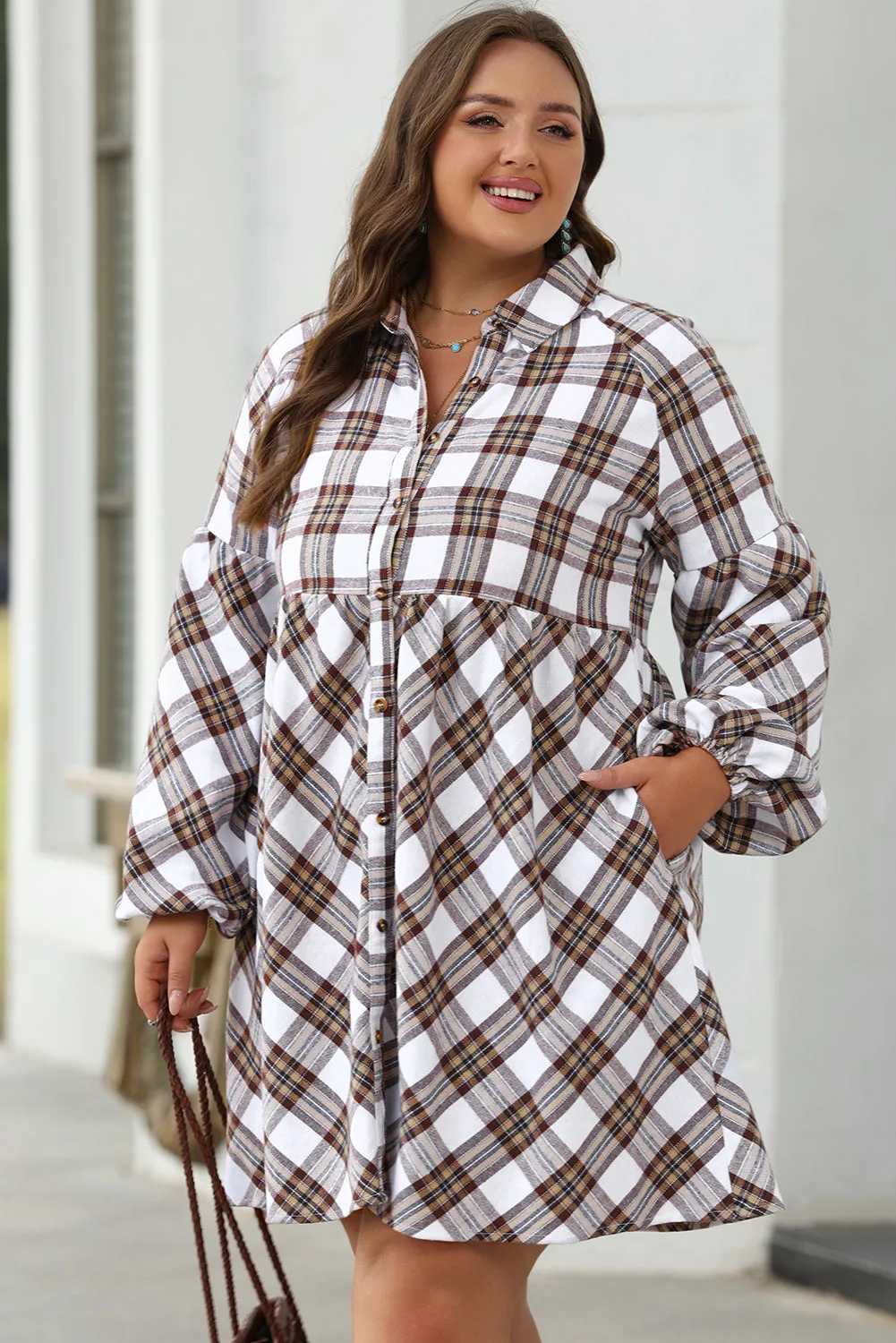 Womens White Plaid Bubble Sleeve Flowy Shirt Dress