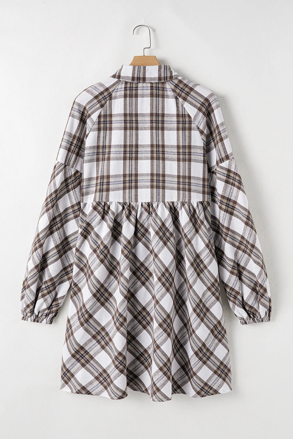 Womens White Plaid Bubble Sleeve Flowy Shirt Dress