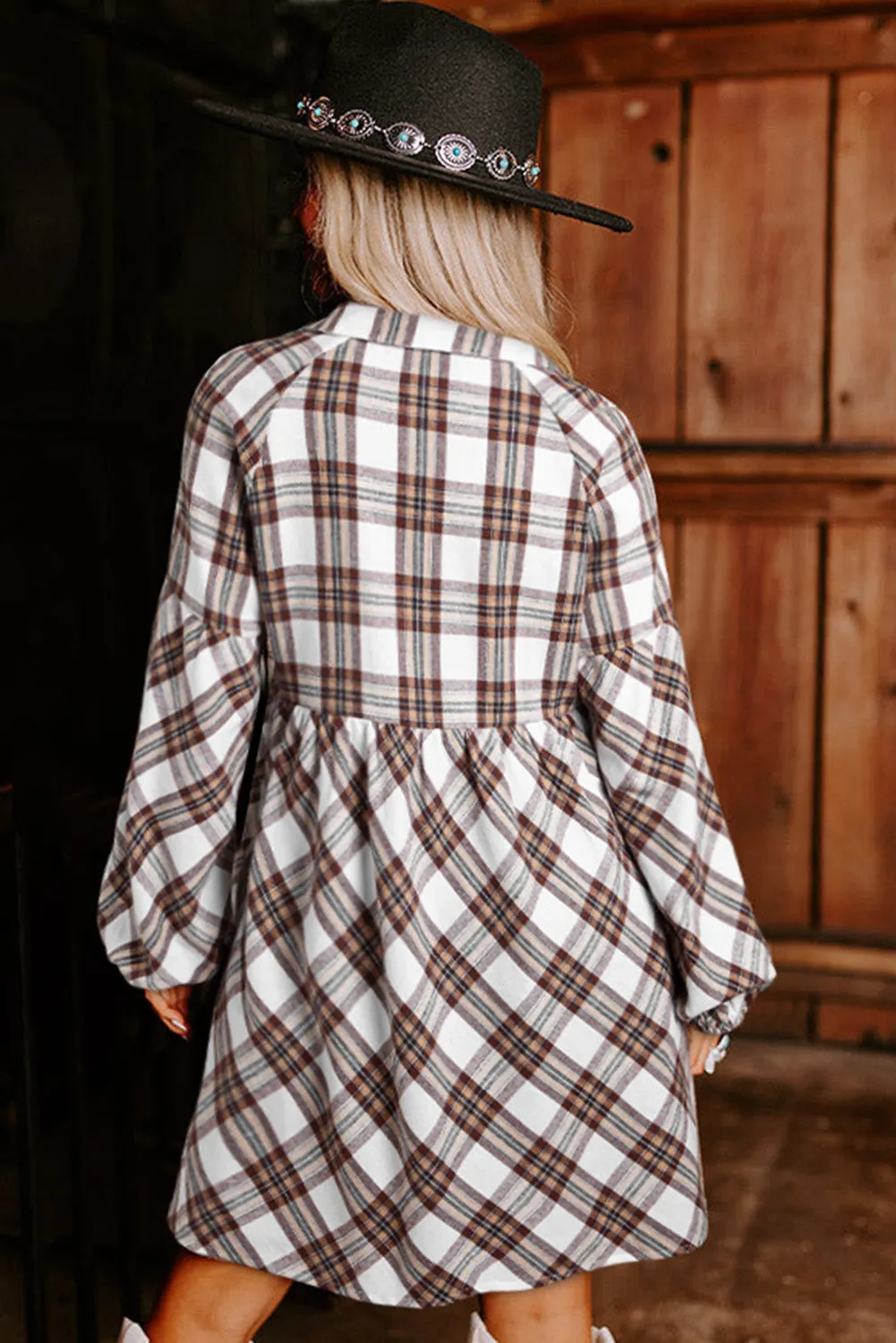 Womens White Plaid Bubble Sleeve Flowy Shirt Dress