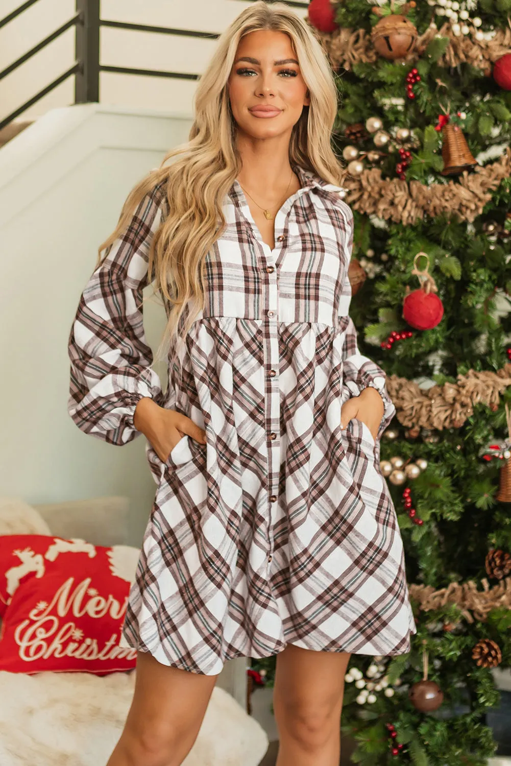 Womens White Plaid Bubble Sleeve Flowy Shirt Dress