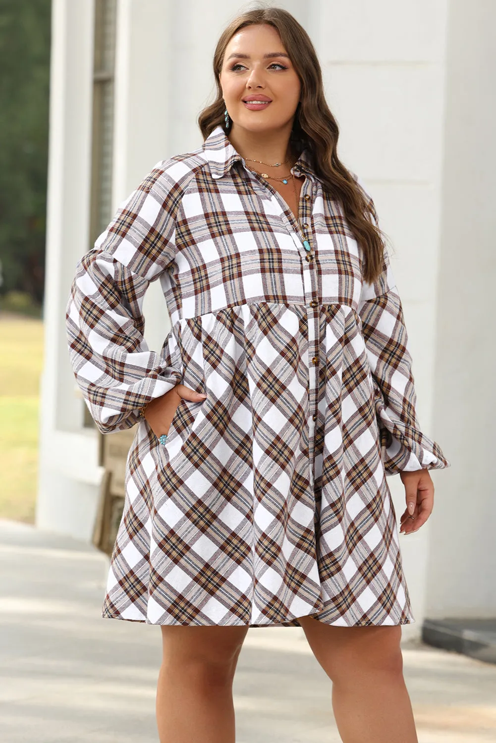 Womens White Plaid Bubble Sleeve Flowy Shirt Dress