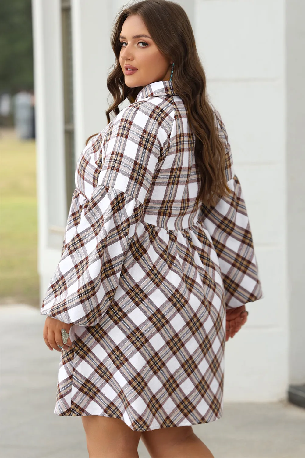 Womens White Plaid Bubble Sleeve Flowy Shirt Dress