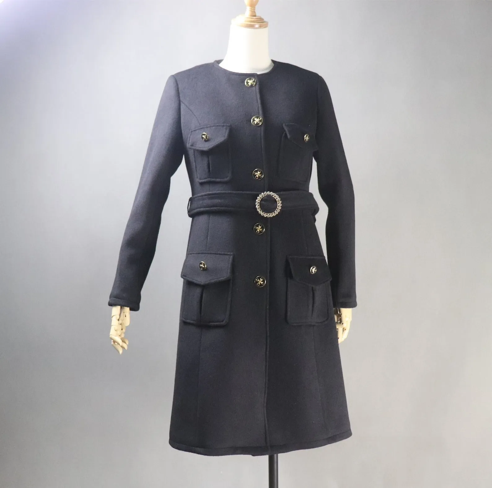 Women's Winter Tailor MADE 50% Wool Tweed Belted Long Warm Trench Coat Black