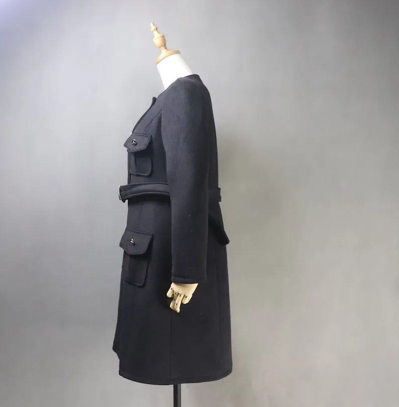 Women's Winter Tailor MADE 50% Wool Tweed Belted Long Warm Trench Coat Black