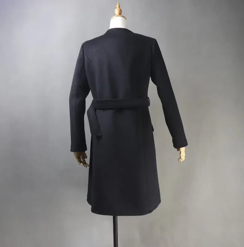 Women's Winter Tailor MADE 50% Wool Tweed Belted Long Warm Trench Coat Black