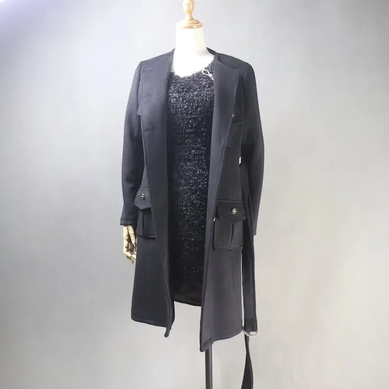 Women's Winter Tailor MADE 50% Wool Tweed Belted Long Warm Trench Coat Black