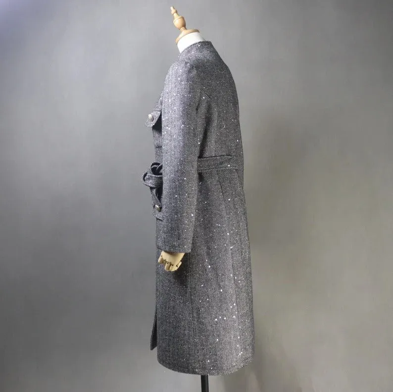 Women's Winter Tailor MADE 50% Wool Tweed Belted Long Warm Trench Coat Black