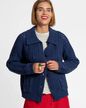 Wool Fisherman Cardigan Sweater Navy