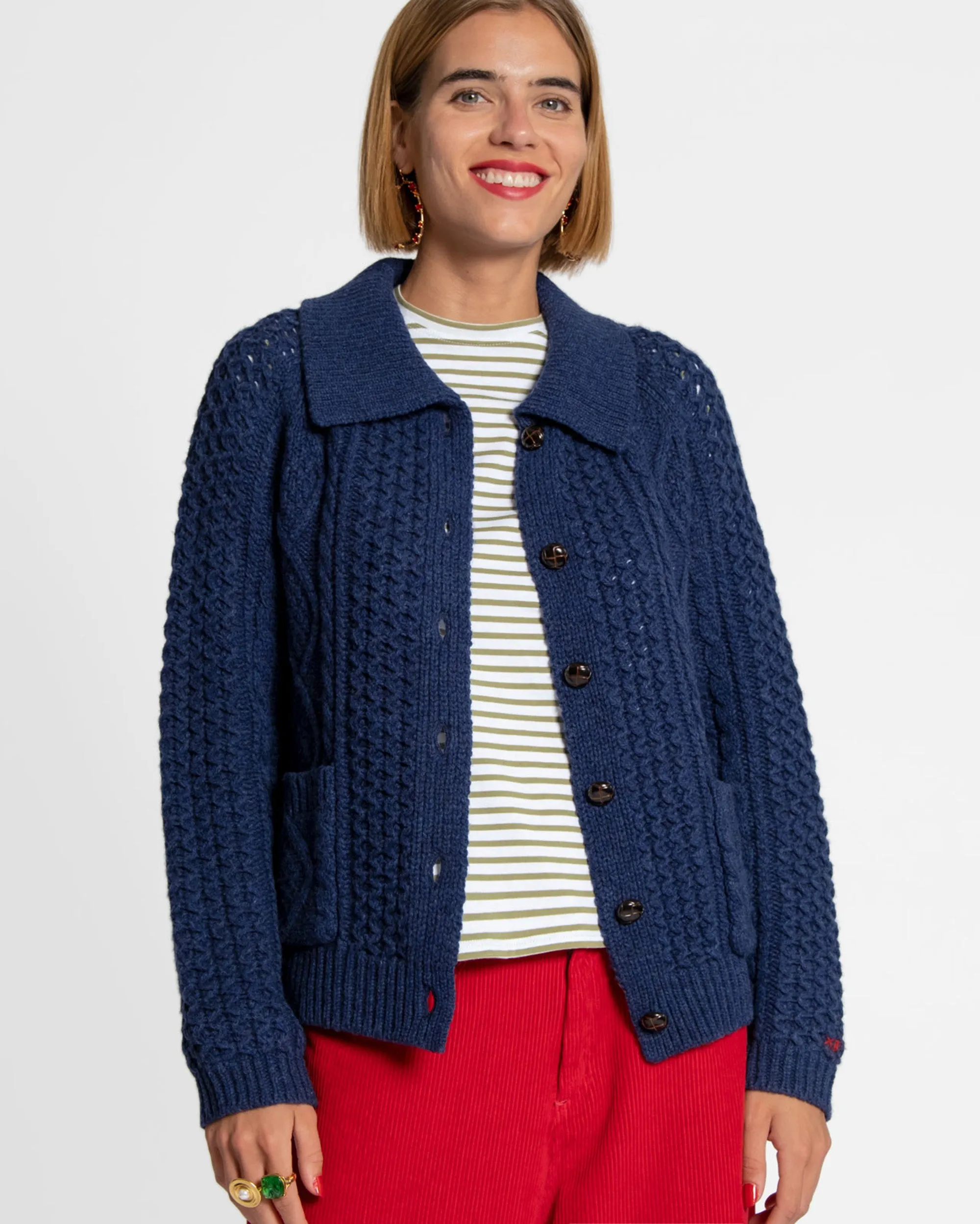 Wool Fisherman Cardigan Sweater Navy