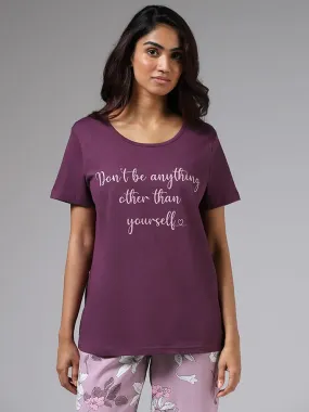 Wunderlove Dark Purple Typographic Printed T-Shirt