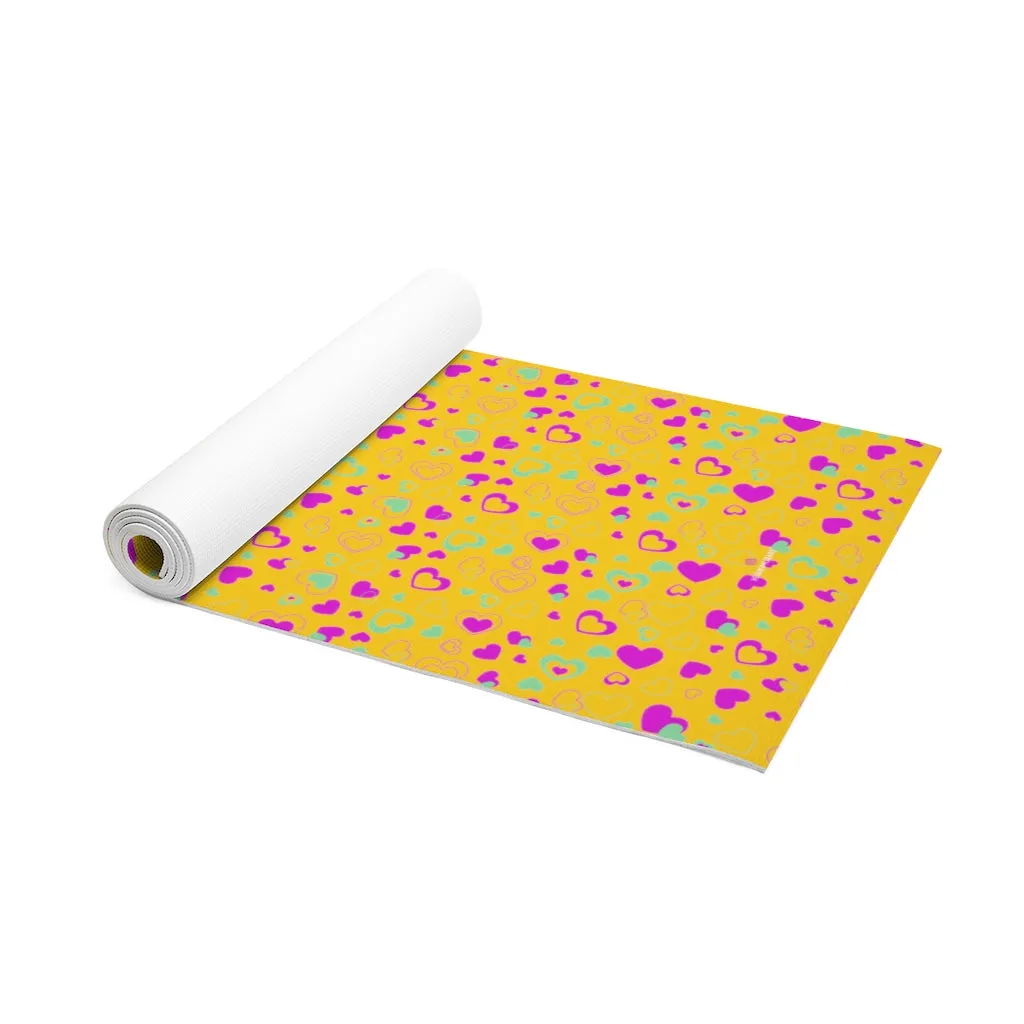 Yellow Hearts Foam Yoga Mat, Hearts Pattern Best Lightweight 0.25" thick Mat - Printed in USA (Size: 24″x72")