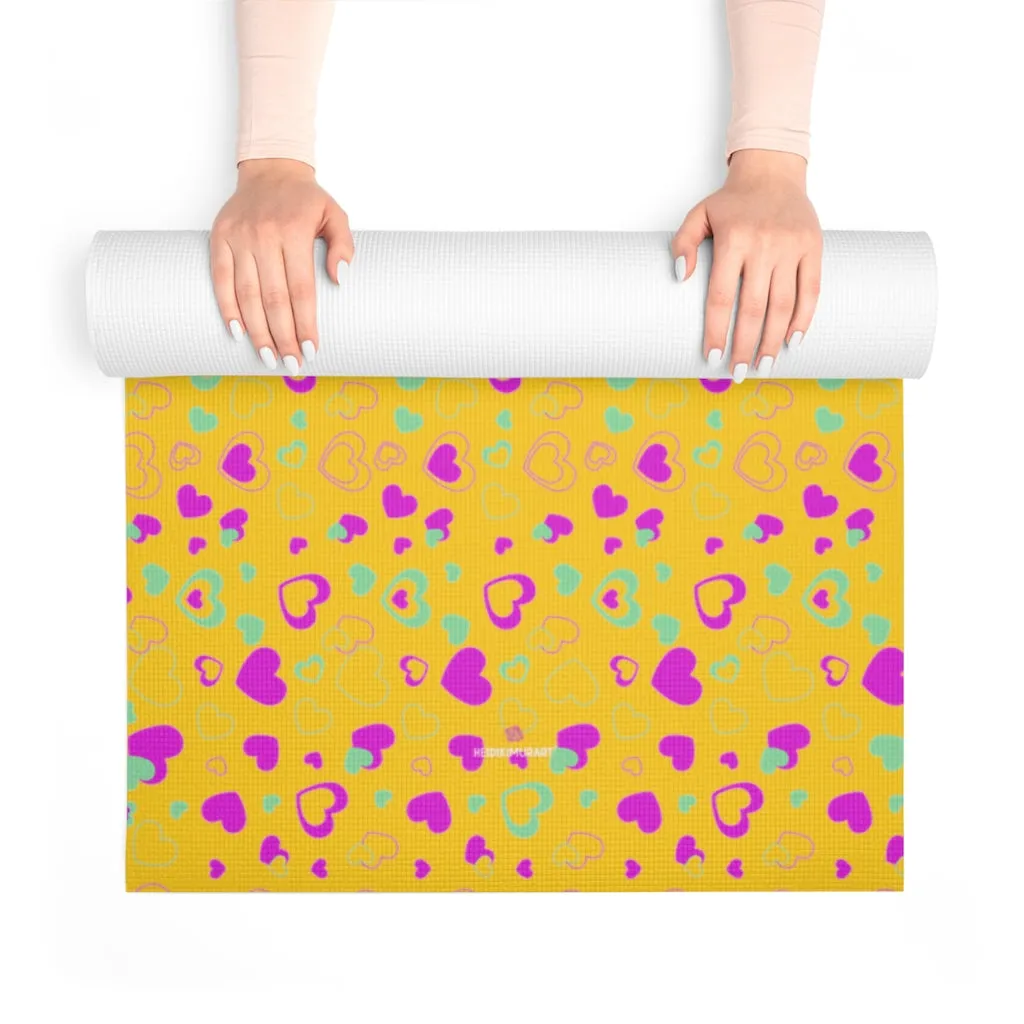 Yellow Hearts Foam Yoga Mat, Hearts Pattern Best Lightweight 0.25" thick Mat - Printed in USA (Size: 24″x72")