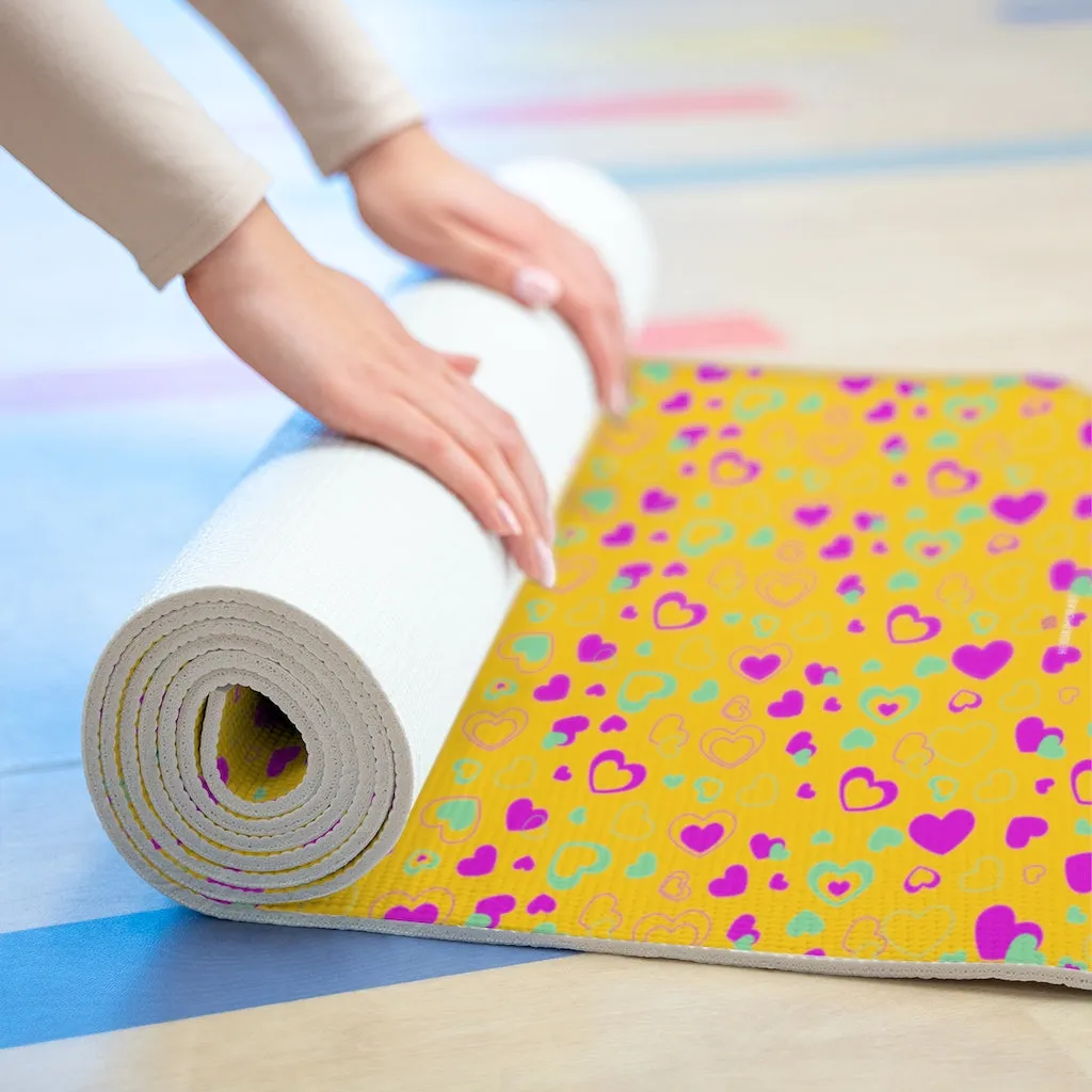 Yellow Hearts Foam Yoga Mat, Hearts Pattern Best Lightweight 0.25" thick Mat - Printed in USA (Size: 24″x72")