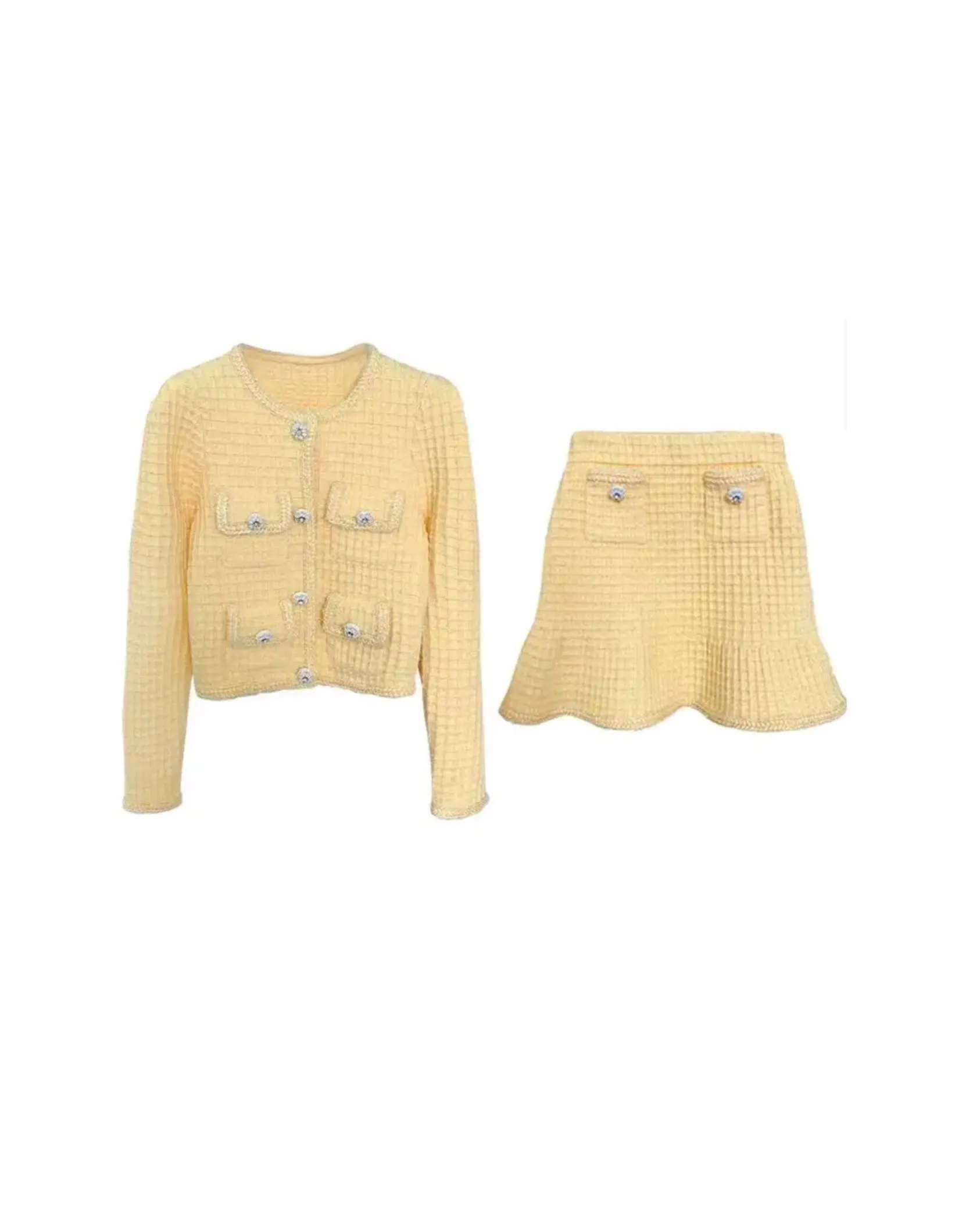 Yellow Knit Jacket And Skirt Set