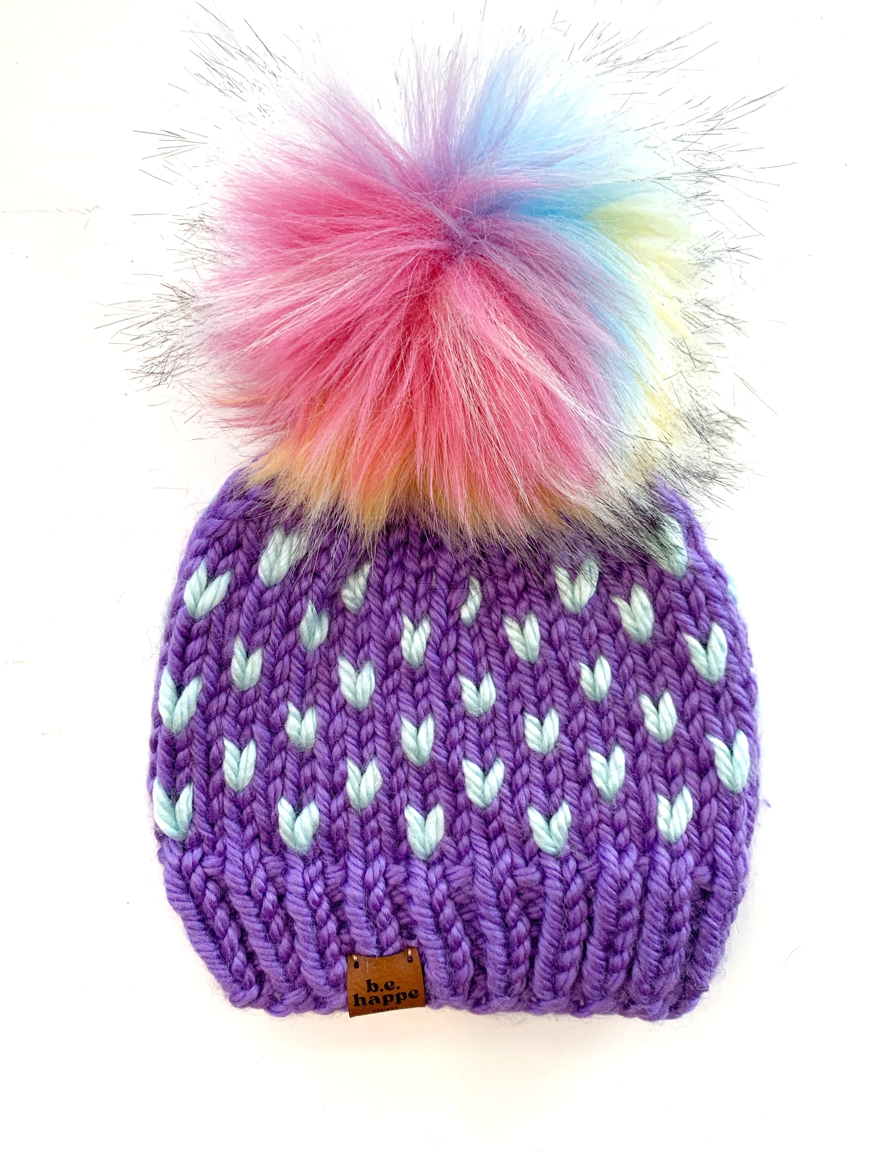 Youth/Adult Small Knit Hearts Pom Hat | Wool Free Purple Rainbow