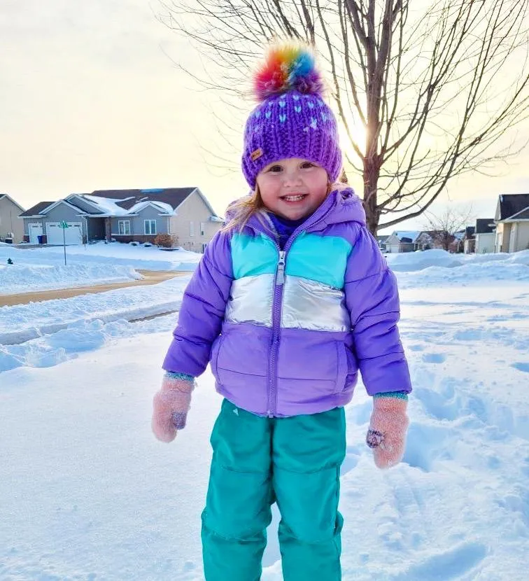 Youth/Adult Small Knit Hearts Pom Hat | Wool Free Purple Rainbow