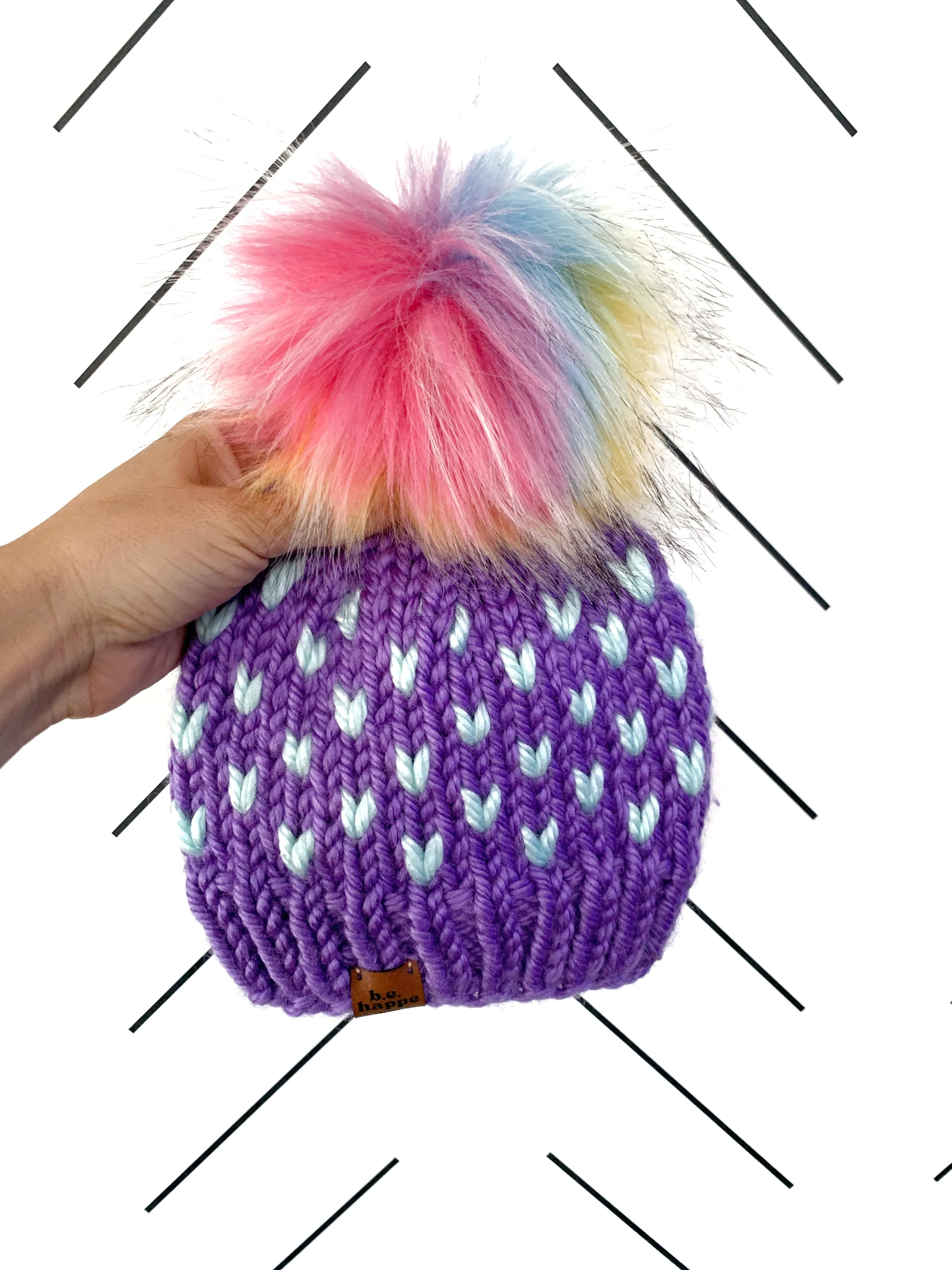 Youth/Adult Small Knit Hearts Pom Hat | Wool Free Purple Rainbow