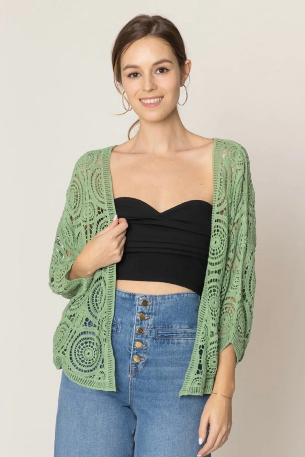 ZLC410054 Nia Geometric Circle Pattern Crochet Cropped Cardigan/Kimono